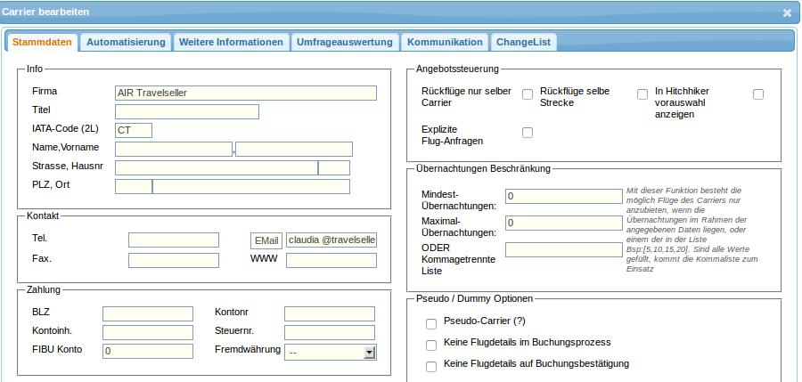 carrier Stammdaten