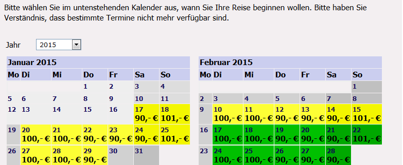 Preisvorschau im Kalender