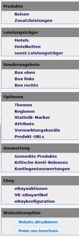 Menü Reiseverwaltung